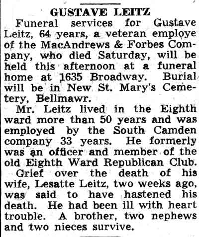 Obituary for Gustave Leitz, 1717 Fillmore Street, February 1938
