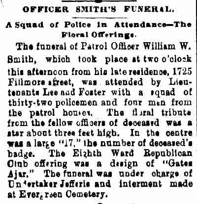 Newspaper article about the funeral of Patrol Officer William W. Smith of 1725 Fillmore Street, May 1892