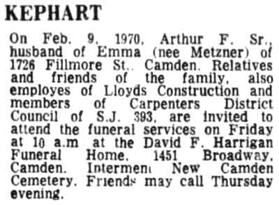 Death notice for Arthur F. Kephart Sr., son-in-law of John P. Metzner of 1726 Fillmore Street, February 1970