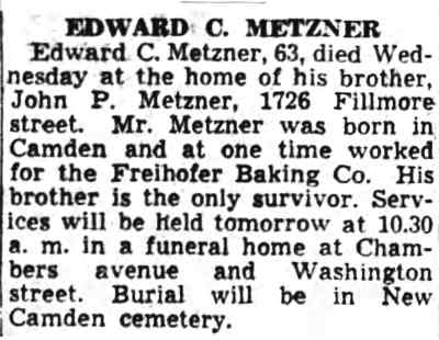 Obituary for Edward C. Metzner, brother of John P. Metzner of 1726 Fillmore Street, July 1942
