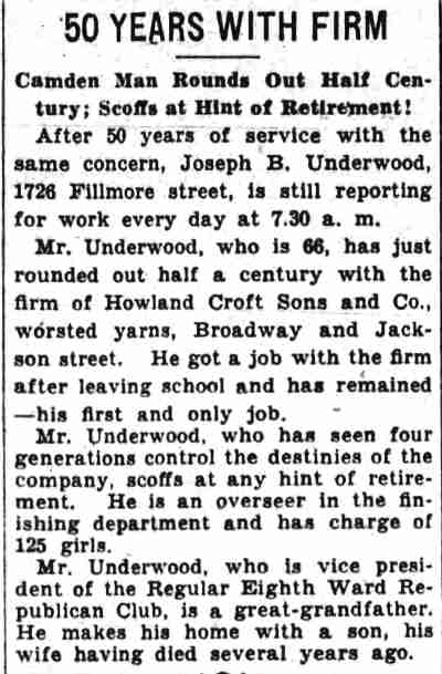 Newspaper article about Joseph B. Underwood of 1726 Fillmore Street, 50 years with same firm, August 1930