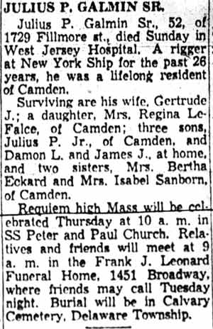 Obituary for Julius P. Galmin Sr. of 1729 Fillmore Street, December 1957
