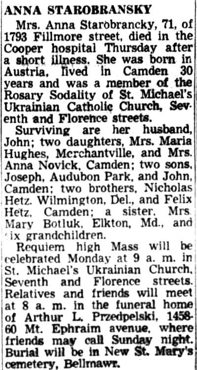 Obituary for Mrs. Anna Starobransky, 1733 Fillmore Street (article says 1793), February 1952