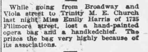 Newspaper notice about Emily Harris losing opera bag, 1735 Fillmore Street, April 1911