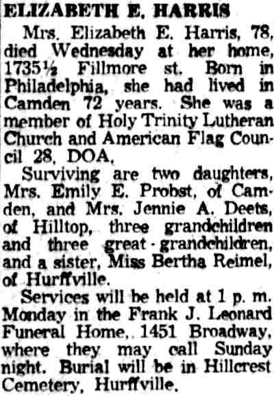 Obituary for Mrs. Elizabeth E. Harris of 1735 and a half Fillmore Street, June 1959