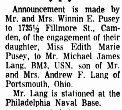 Engagement announcement for Edith Marie Pusey of 1735 and a half Fillmore Street, July 1968