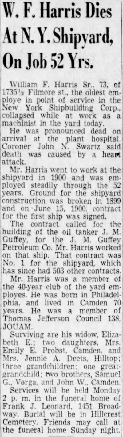 Newspaper article about William F. Harris Sr. of 1735 and a half Fillmore Street dying at New York Shipbuilding Corp., December 1952