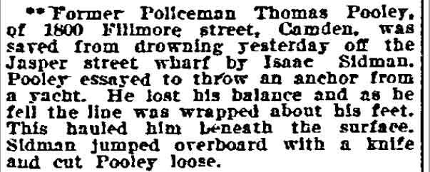 Newspaper article about former policeman Thomas Pooley of 1800 Fillmore Street saved from drowning, August 1906