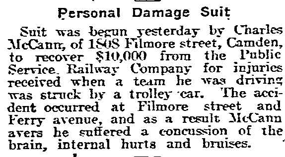 Newspaper article about Charles McCann of 1808 Fillmore Street suing Public Service Railway after trolley accident, March 1918