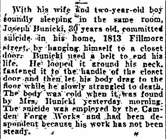 Newspaper article about the suicide of Joseph Bunicki of 1813 Fillmore Street, June 1922
