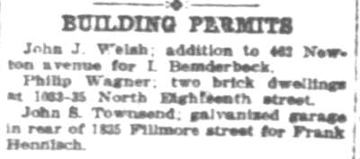 Building permit notice for galvanized garage at 1835 Fillmore Street for Frank Hennisch, June 1919