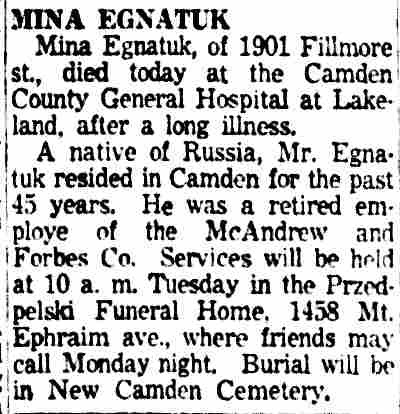 Obituary for Mina Egnatuk of 1901 Fillmore Street, August 1954