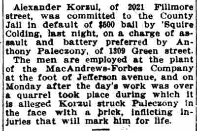 Newspaper article about Alexander Korzui of 2021 Fillmore Street committed on assault charge, April 1911