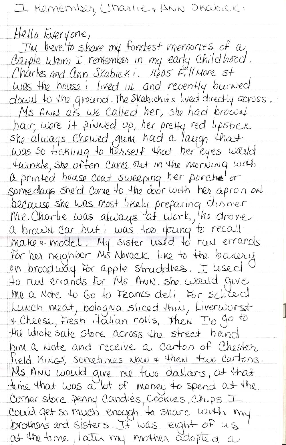 Handwritten memoir — I Remember Charlie and Ann Skabicki, by Loretta Wilson, page 1