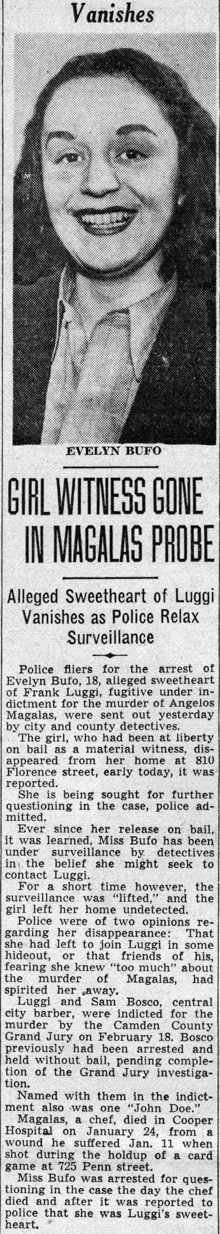 Newspaper article about Evelyn Bufo, 810 Florence Street, February 1938