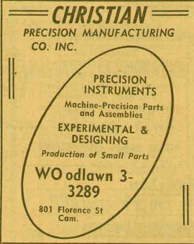 New Jersey Bell Yellow Pages ad for Christian Precision Manufacturing Co. Inc., 801 Florence Street, 1955