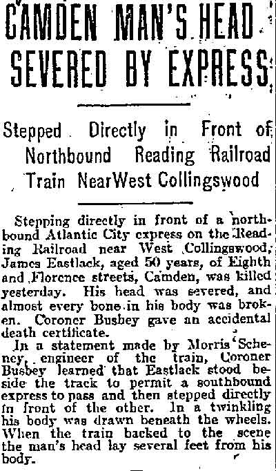Newspaper article about James Eastlack killed by Reading Railroad express, July 1914