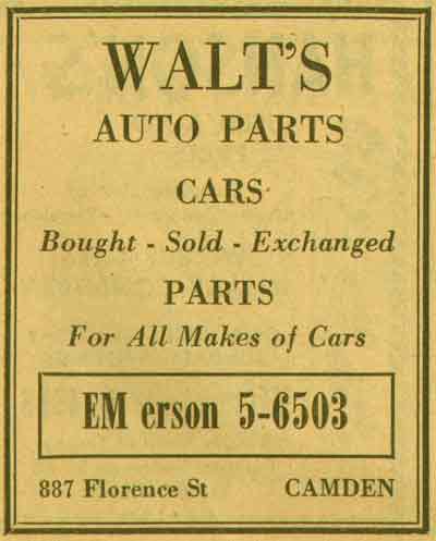 New Jersey Bell Yellow Pages ad for Walt's Auto Parts, 887 Florence Street, 1955