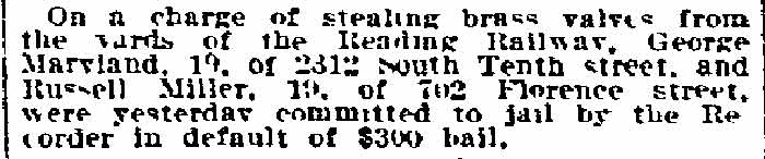 Newspaper clipping: brass valve theft, Philadelphia Inquirer, March 12, 1906