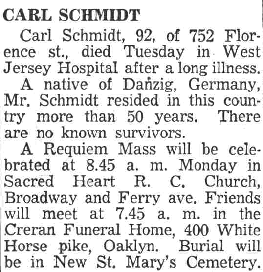 Obituary for Carl Schmidt, 752 Florence Street, November 1955