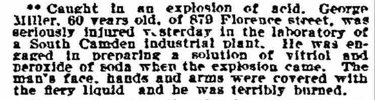 Newspaper clipping about George Miller injured in acid explosion, 879 Florence Street, 1908