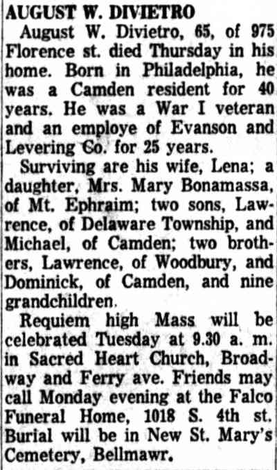 Obituary for August W. Divietro, 975 Florence Street, July 1960
