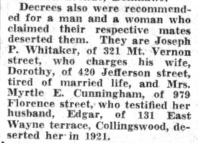Divorce decree news clipping mentioning Mrs. Myrtle E. Cunningham of 979 Florence Street, July 1941