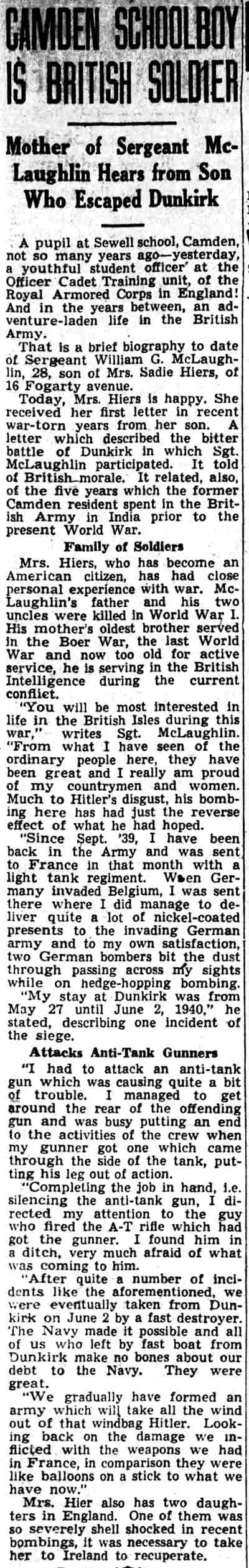 Camden School Boy Is British Soldier — Camden Courier-Post, December 16, 1941, about Sergeant William G. McLaughlin of 16 Fogarty Avenue