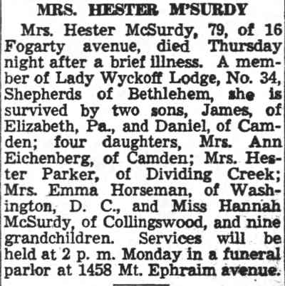 Obituary for Mrs. Hester McSurdy, 16 Fogarty Avenue — Camden Courier-Post, February 3, 1945