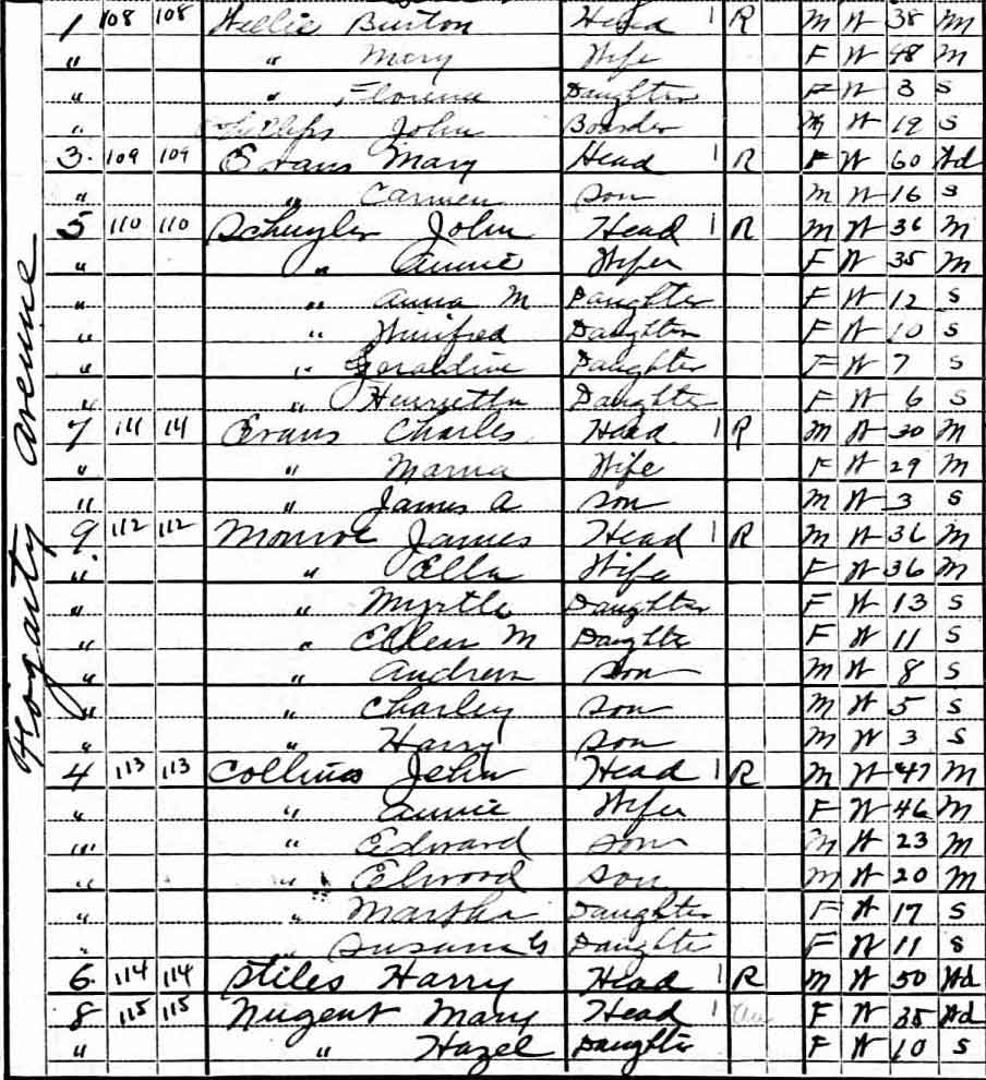 1920 Census sheet showing residents of 1, 3, 4, 5, 6, 7, 8, and 9 Fogarty Avenue