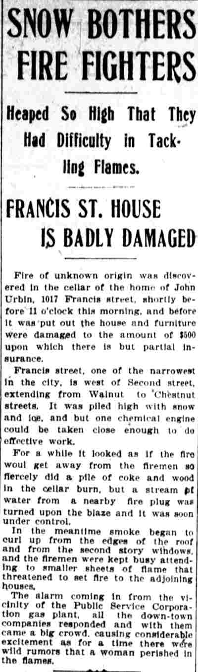 Snow Bothers Fire Fighters — Francis St. House Is Badly Damaged — Camden Post-Telegram, March 2, 1907