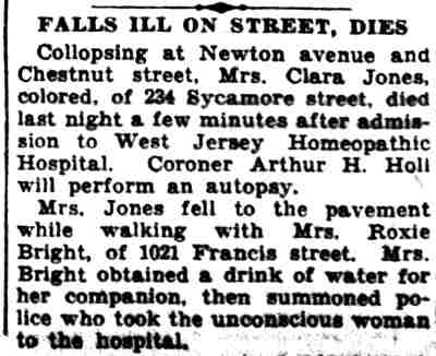 Falls Ill on Street, Dies — Mrs. Roxie Bright, 1021 Francis Street — Camden Courier-Post, September 19, 1933