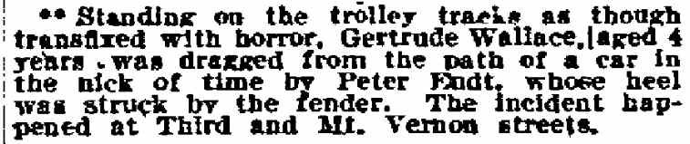Peter Endt rescues child at Third and Mt. Vernon Streets — 1061 Francis Street — Philadelphia Inquirer, November 24, 1910