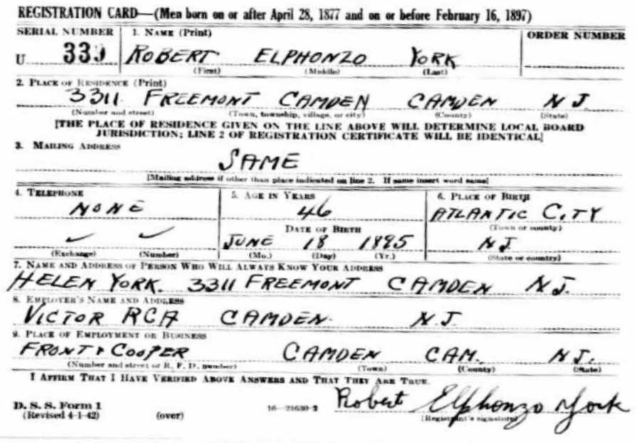World War II Draft Registration Card for Robert Elphonzo York, 3311 Freemont, Camden, NJ