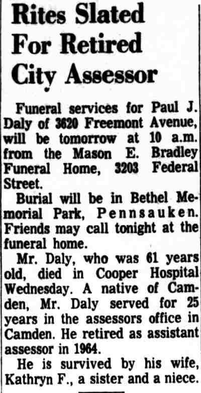 Rites Slated For Retired City Assessor — Paul J. Daly, Camden Courier-Post, January 14, 1966