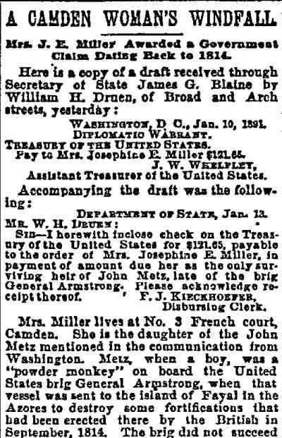 Philadelphia Inquirer clipping, A Camden Woman's Windfall, January 15 1891, page 1