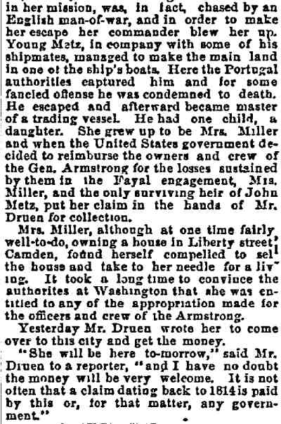 Philadelphia Inquirer clipping, A Camden Woman's Windfall, January 15 1891, page 2