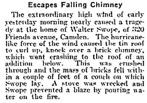 Escapes Falling Chimney, Philadelphia Inquirer, February 11, 1917