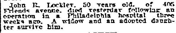 John R. Lockley Dies, Philadelphia Inquirer, December 4, 1917