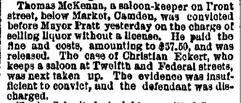 Thomas McKenna convicted of selling liquor — Philadelphia Inquirer, March 27, 1887