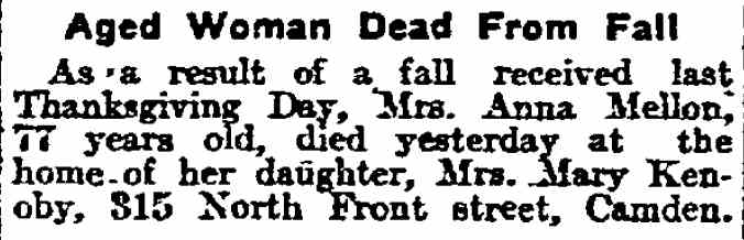 Aged Woman Dead from Fall — Philadelphia Inquirer, April 10, 1912