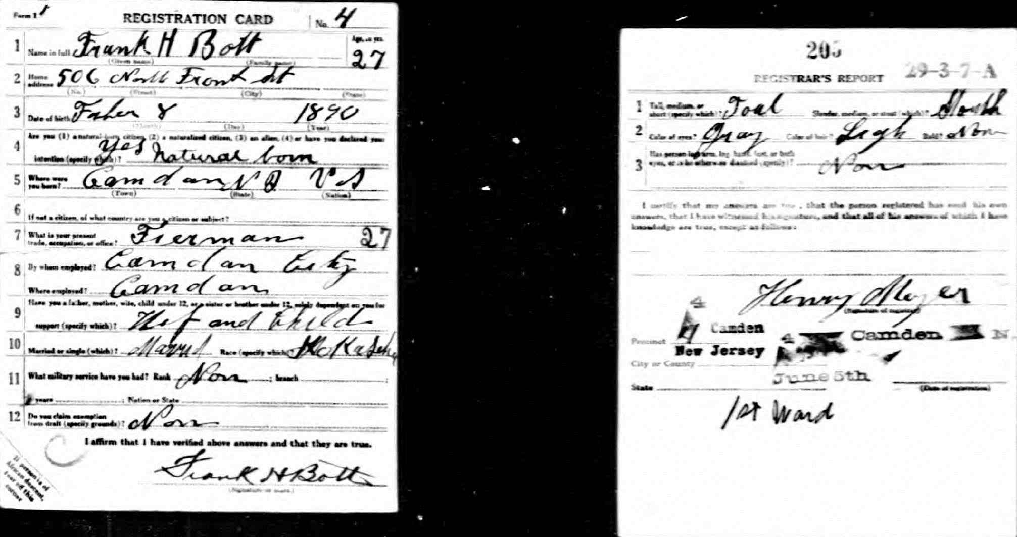 Frank H. Bott World War I Draft Registration Card, 506 North Front Street, 1917
