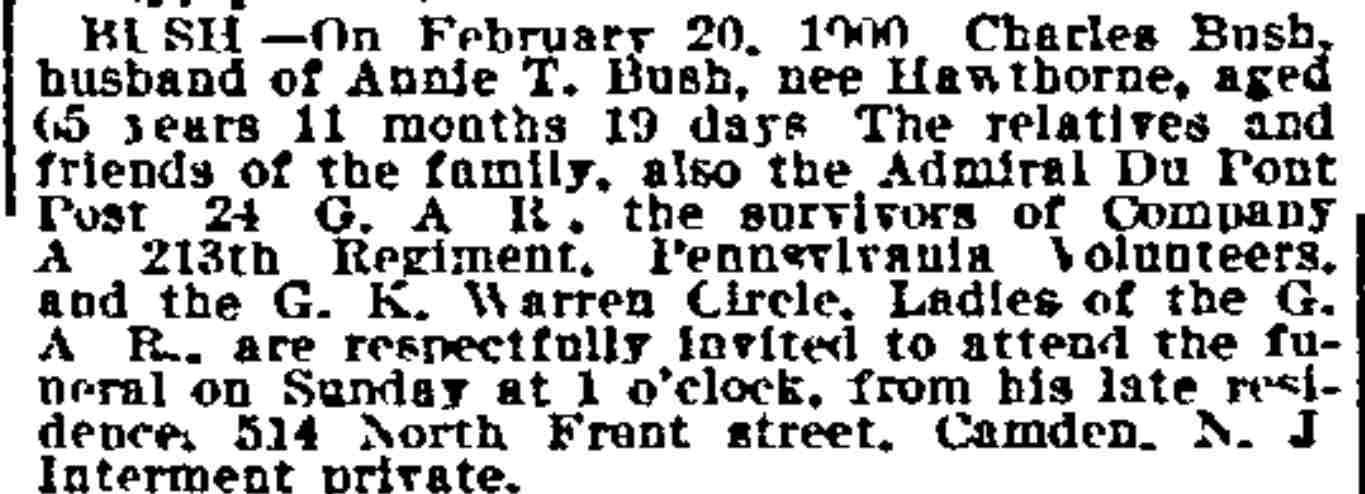 Charles Bush death notice — Philadelphia Inquirer, February 20, 1900