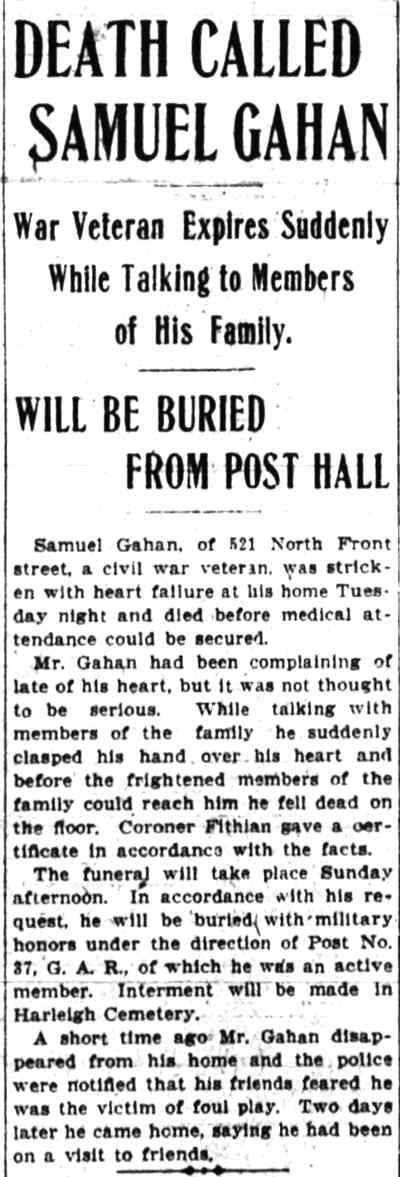 Death Called Samuel Gahan — Camden Post-Telegram, July 12, 1906