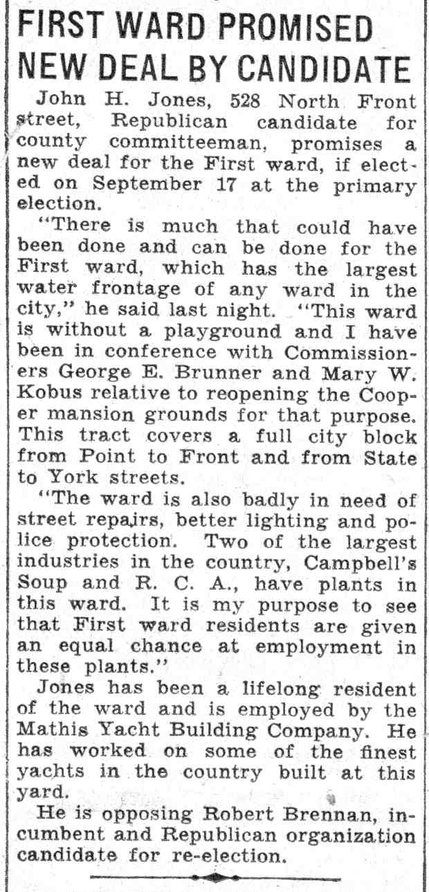 First Ward Promised New Deal — Camden Courier-Post, August 31, 1935