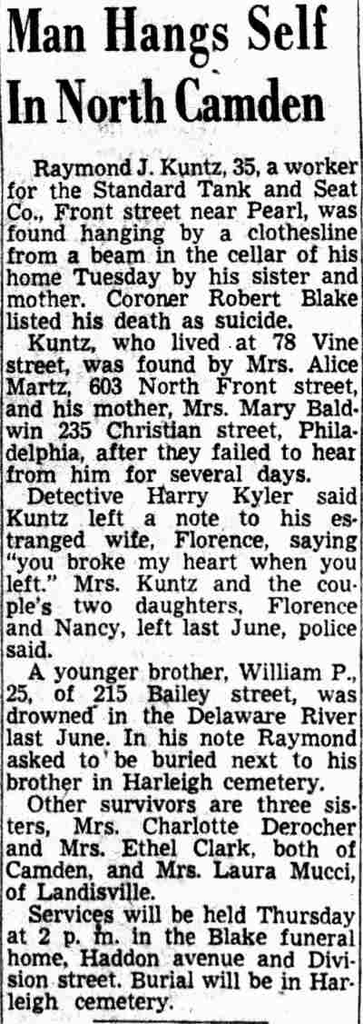 Man Hangs Self in North Camden — Camden Courier-Post, September 5, 1951