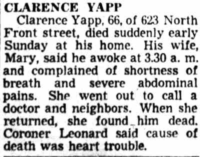 Clarence Yapp obituary — Camden Courier-Post, June 9, 1947