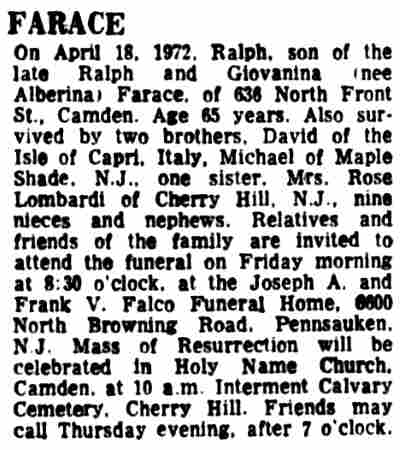 Ralph Farace death notice — Camden Courier-Post, April 19, 1972