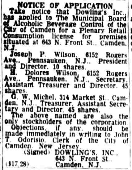 Notice of Application — Dowling's Inc. liquor license, Camden Courier-Post, June 5, 1963