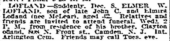 Elmer W. Lofland obituary — Philadelphia Inquirer, December 10, 1917